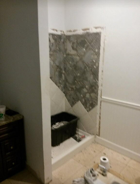 Shower Remodel - Travertine Bottom with Pebble Flooring & Wood Plank Top (Before)