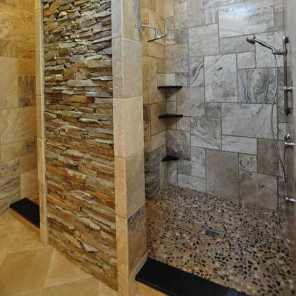 12x5 Walk In Shower, Laid Travertine w/ Wood Plank Ceramic Tile Flooring - Zebulon, GA