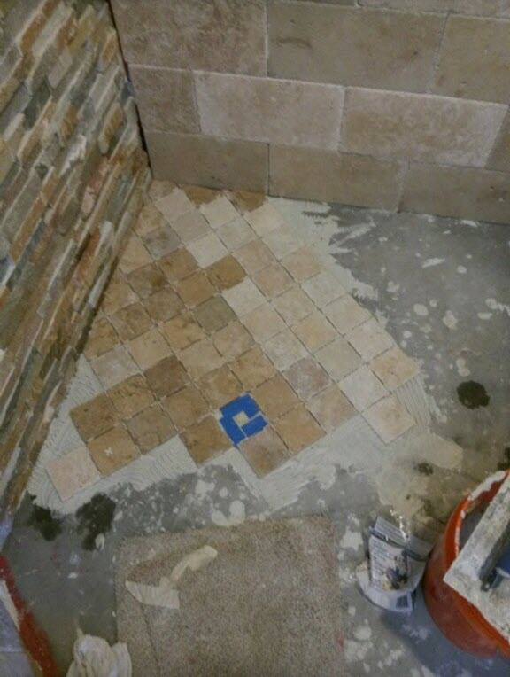 12x5 Walk In Shower, Laid Travertine w/ Wood Plank Ceramic Tile Flooring - Zebulon, GA