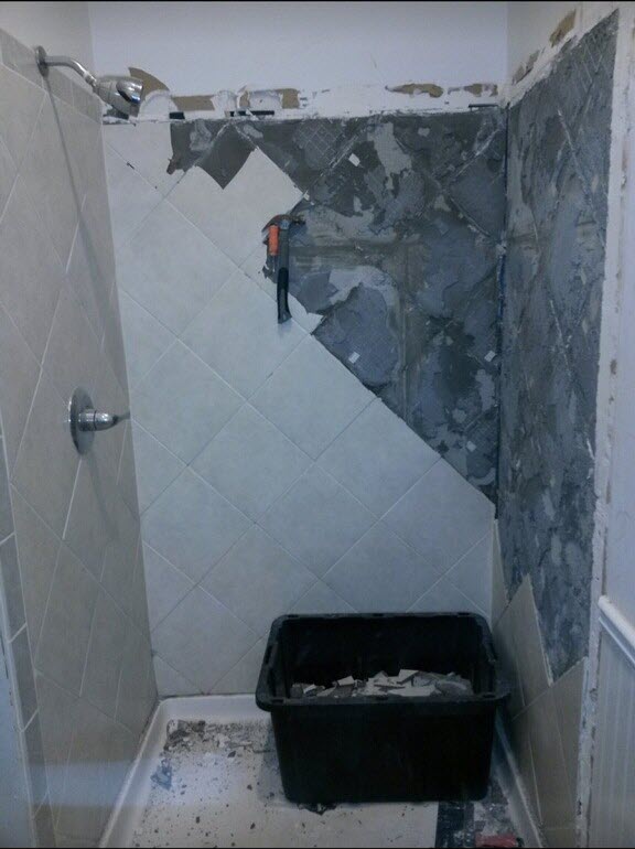 Shower Remodel - Travertine Bottom with Pebble Flooring & Wood Plank Top (Before)