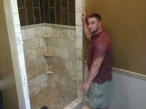 Shower Remodel - Travertine Bottom with Pebble Flooring & Wood Plank Top