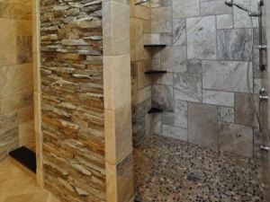 12x5 Walk In Shower, Laid Travertine w/ Wood Plank Ceramic Tile Flooring - Zebulon, GA