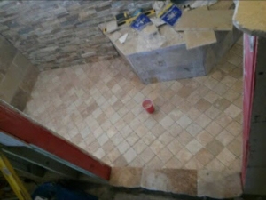 12x5 Walk In Shower, Laid Travertine w/ Wood Plank Ceramic Tile Flooring - Zebulon, GA