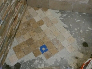 12x5 Walk In Shower, Laid Travertine w/ Wood Plank Ceramic Tile Flooring - Zebulon, GA